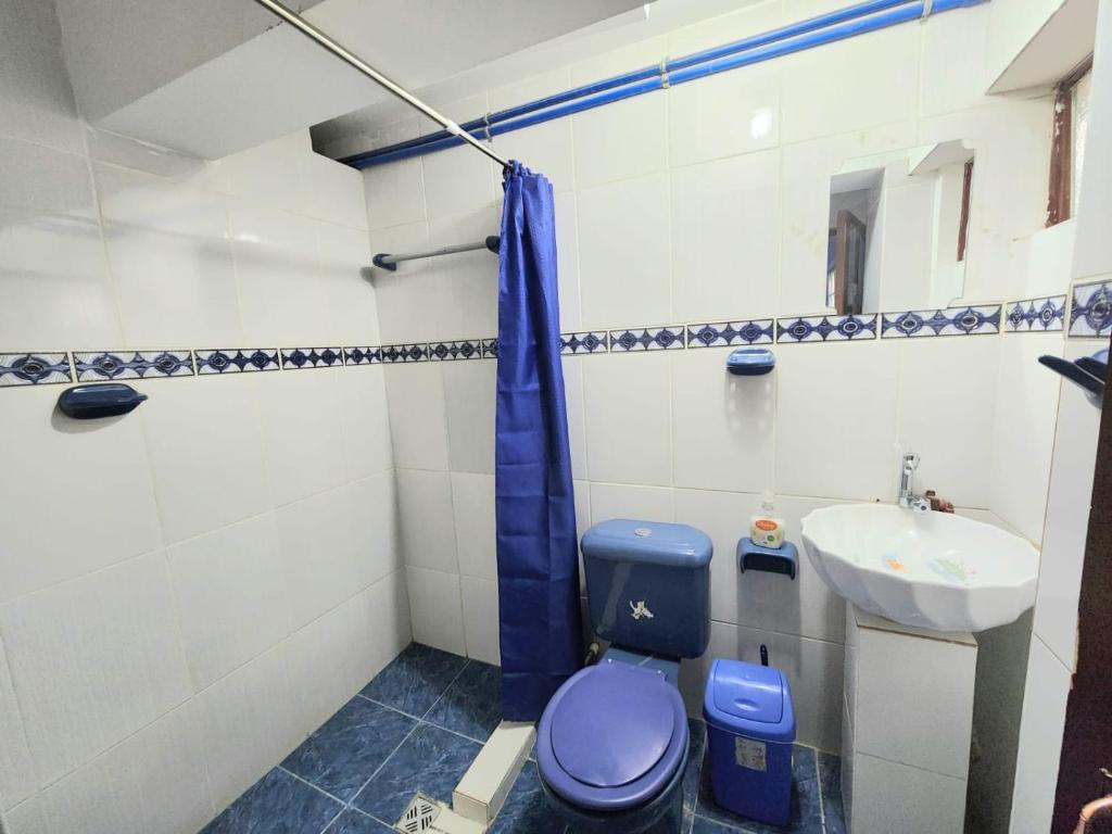 a bathroom with a blue toilet and a sink at Hotel Aguilar in Uyuni