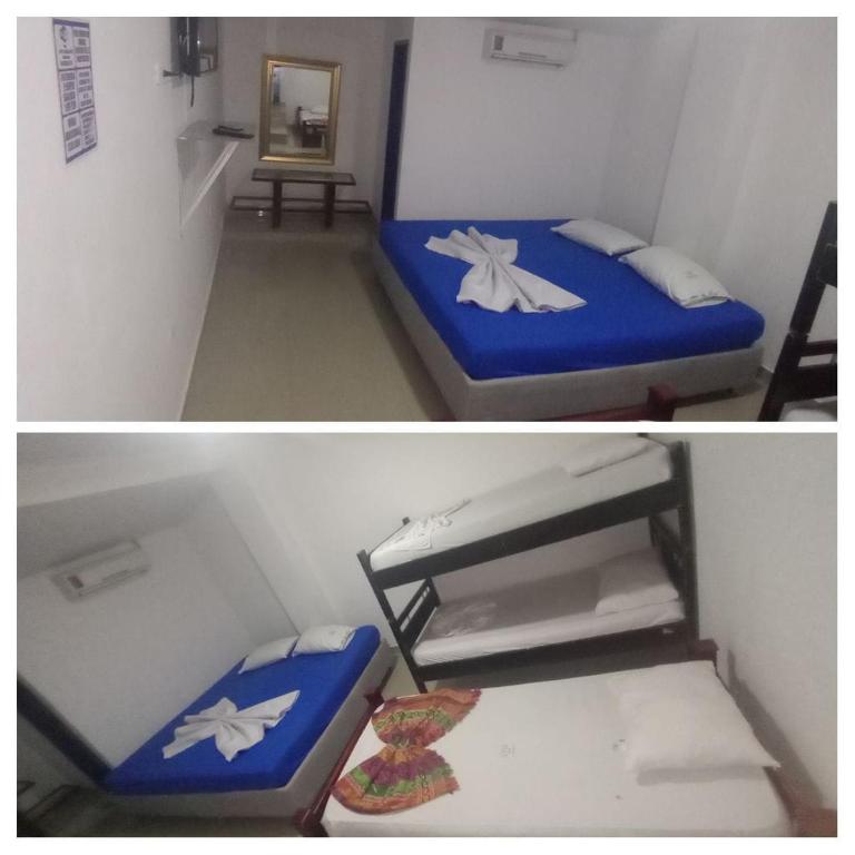 duas fotografias de um pequeno quarto com uma cama em HOTEL VISTA AL MAR habitacion para 5 em Rodadero