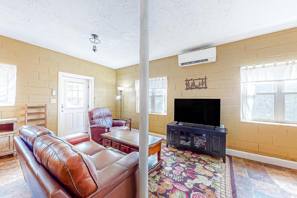 uma sala de estar com um sofá de couro e uma televisão em Cozy Mountain Hideaway em Waynesville