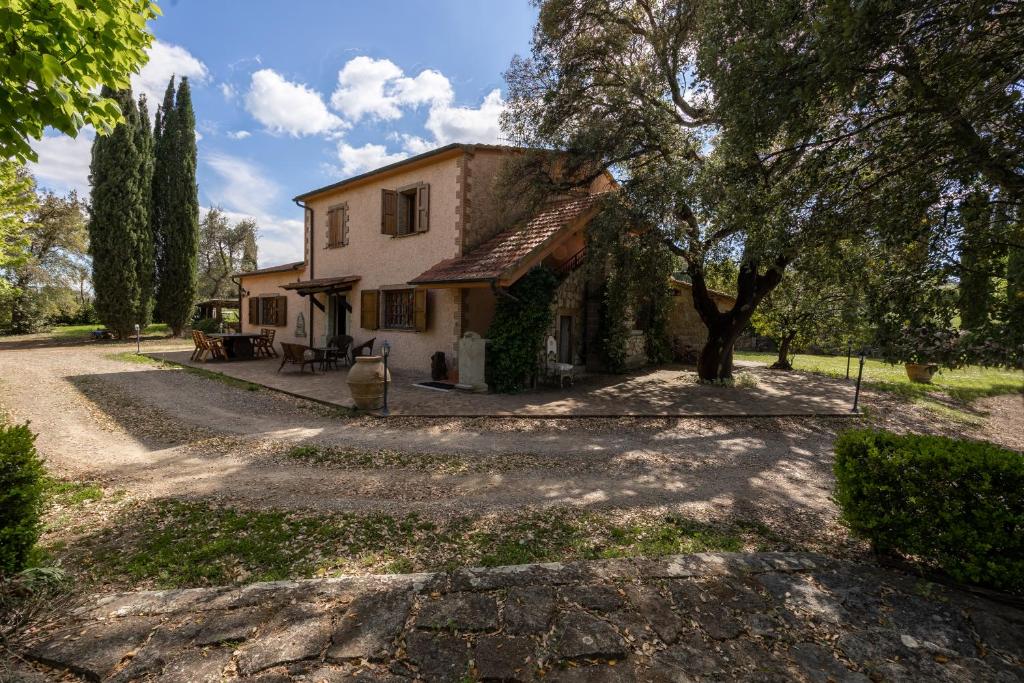 une maison avec un arbre en face d'une allée dans l'établissement Appartamento Tenuta di Litiano - Happy Rentals, à Roccastrada