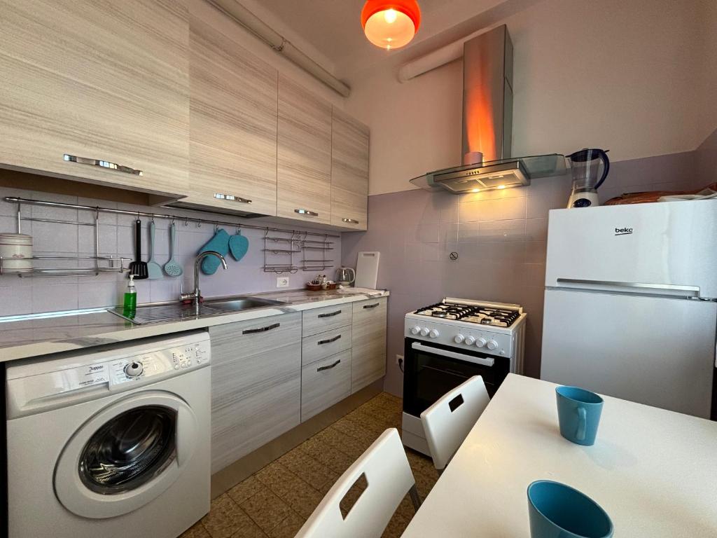 eine Küche mit einer Waschmaschine und einem Kühlschrank in der Unterkunft Apartment at few steps from the lake - Larihome A16 in Dongo