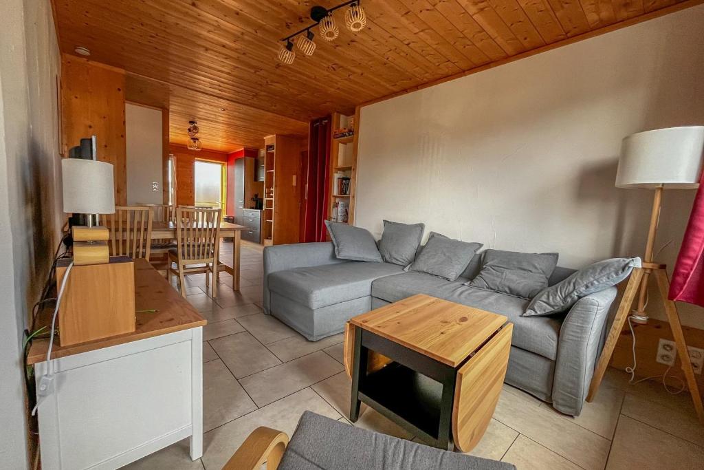 ein Wohnzimmer mit einem Sofa und einem Tisch in der Unterkunft CIEL MONTAGNARD - Apartment with mountain views in Annecy