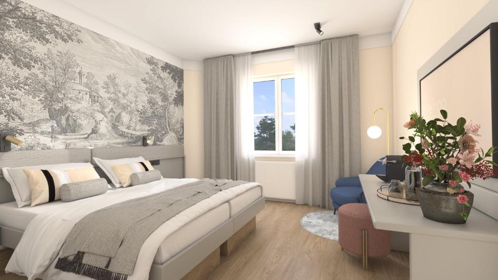 Un dormitorio con una cama grande y una ventana en Boutiquehotel Drei Ringe en Schwörstadt