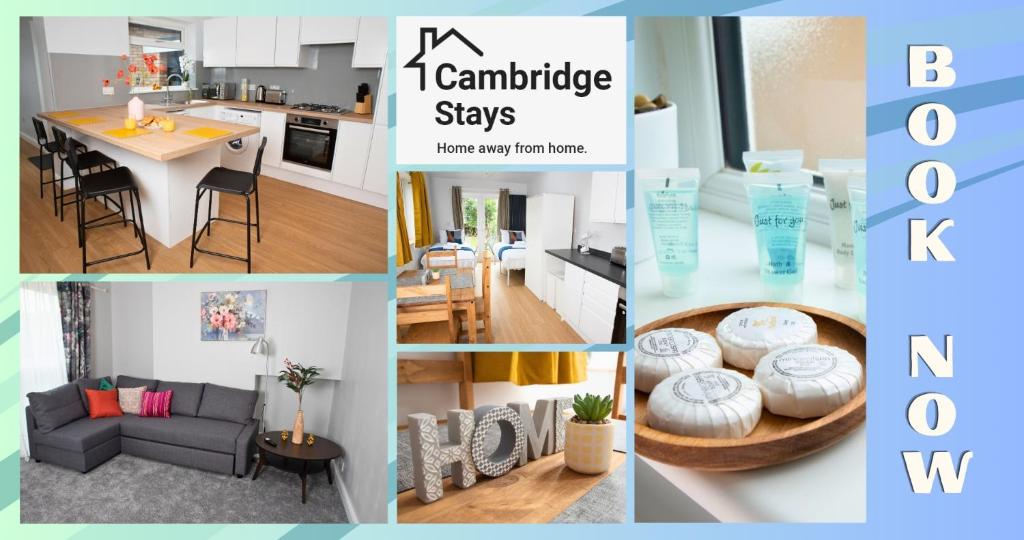 Cambridge Stays 4BR House-Garden-Lots of Parking-15 min to city-Close to motorway في Girton: مجموعة صور مطبخ وغرفة معيشة