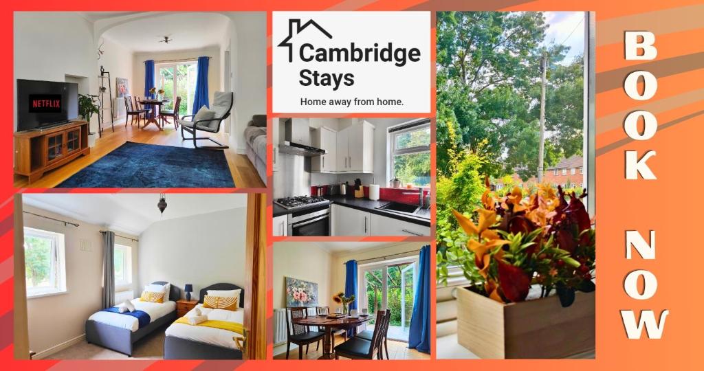 un collage di foto di una cucina e di un soggiorno di Cambridge Stays 3BR House-Garden-Lots of Parking-15 min to City Center- Close to Cambridge Science park a Cambridge