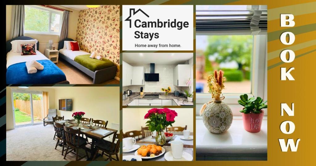 un collage de fotos de una sala de estar y una cocina en Cambridge Stays 3BR House-Garden-Free Parking-15 min to centre-5 min to motorway, en Cambridge