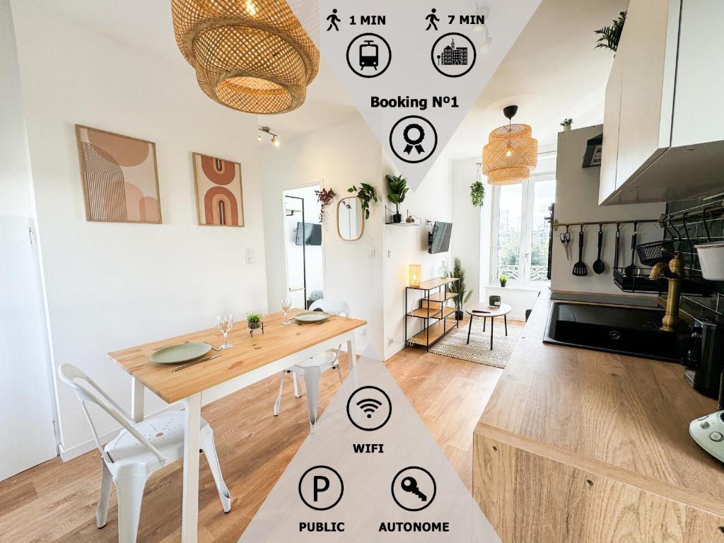 - un salon avec une table et des panneaux sur le mur dans l'établissement NEW: Nature et Lumière _ Face à la Gare _ Centrale, à Guingamp