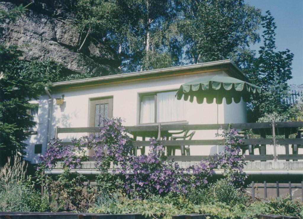 a house with purple flowers in front of it at Ferieneinrichtungen-Haus-am-Stein in Königstein an der Elbe