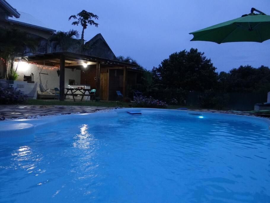 a large blue swimming pool with an umbrella at Villa L'arbre du voyageur -Grande piscine privée vue imprenable sur l'Ocean indien in Saint-Leu
