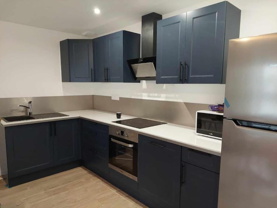 Una cocina con gabinetes azules y un refrigerador de acero inoxidable. en Maison de ville - wifi - checkin autonome, en Saint-Martin-sur-Oust