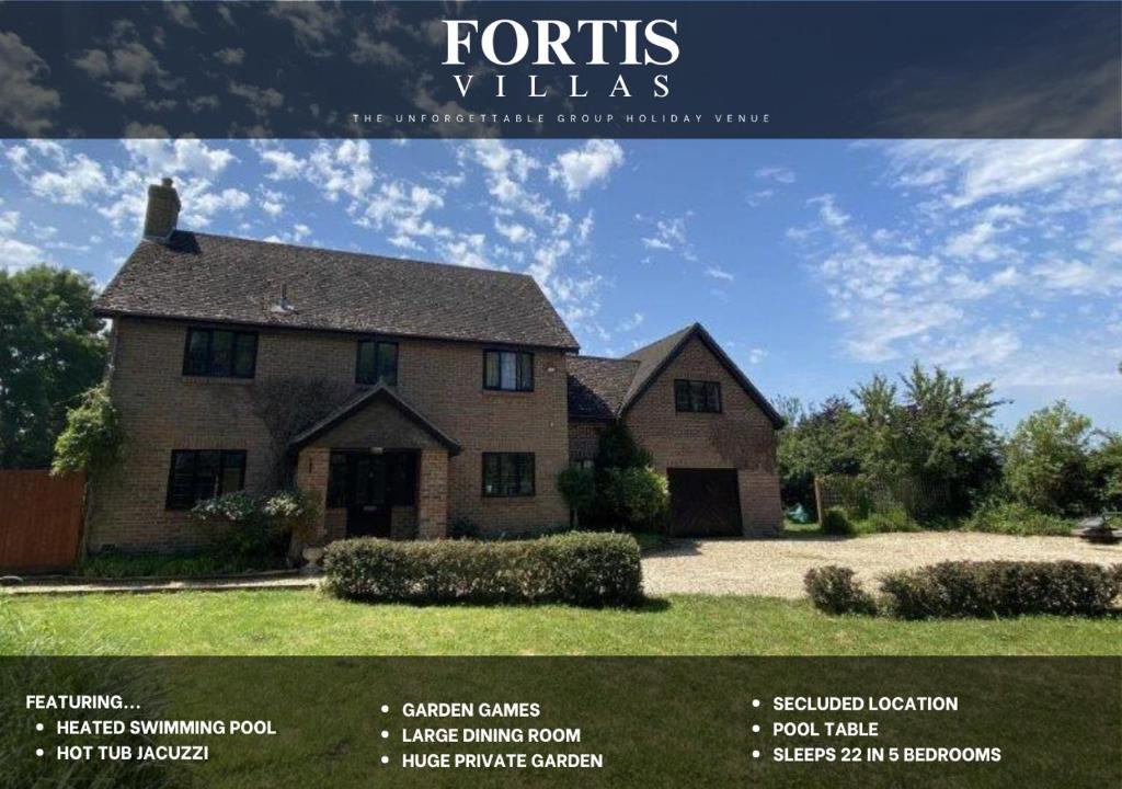 a flyer for a home with a picture of a house at The Fortis House, Bournemouth, with Swimming Pool and Hot Tub Jacuzzi in Bournemouth