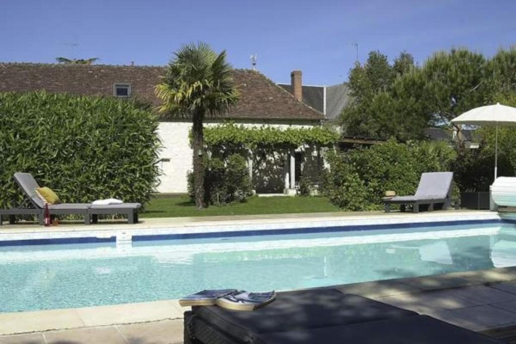 einen Pool mit 2 Stühlen und einem Sonnenschirm in der Unterkunft La Vigenna in Dangé