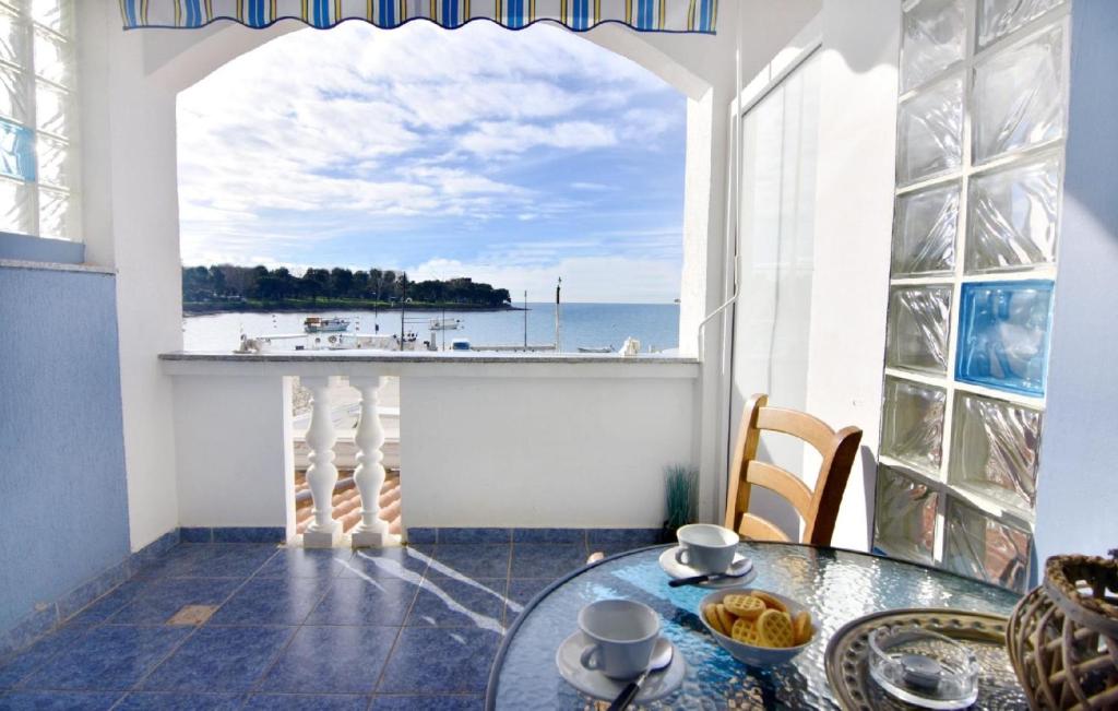 een eetkamer met een tafel en uitzicht op de oceaan bij Appartement in Savudrija mit Grill, Garten und Terrasse und Meerblick in Savudrija