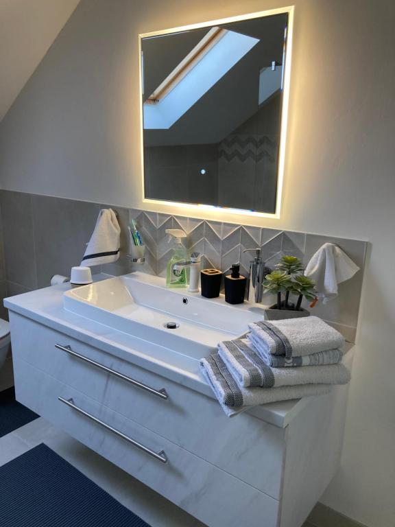 ein Badezimmer mit einem großen weißen Waschbecken und einem Spiegel in der Unterkunft Sobe VaLux Valpovo in Valpovo