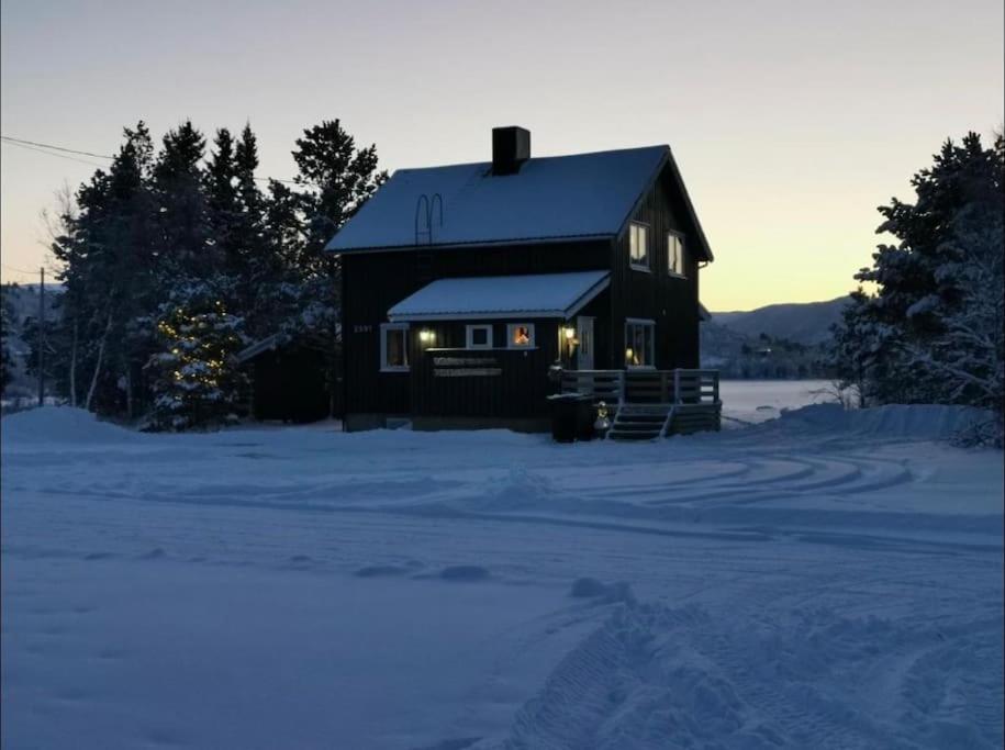 Skoganvarre的住宿－Villa Skoganvarre，雪中的一个黑色小屋,灯光照亮