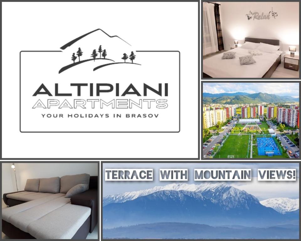 uma colagem de fotografias de um hotel com uma montanha em Apartment Altipiani Panoramic em Brasov