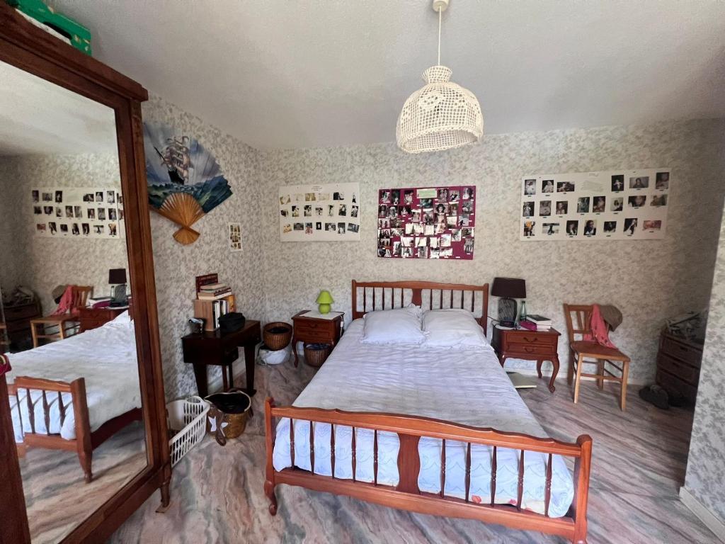 a bedroom with a large bed and a mirror at La Grange de Marcel in Retournac