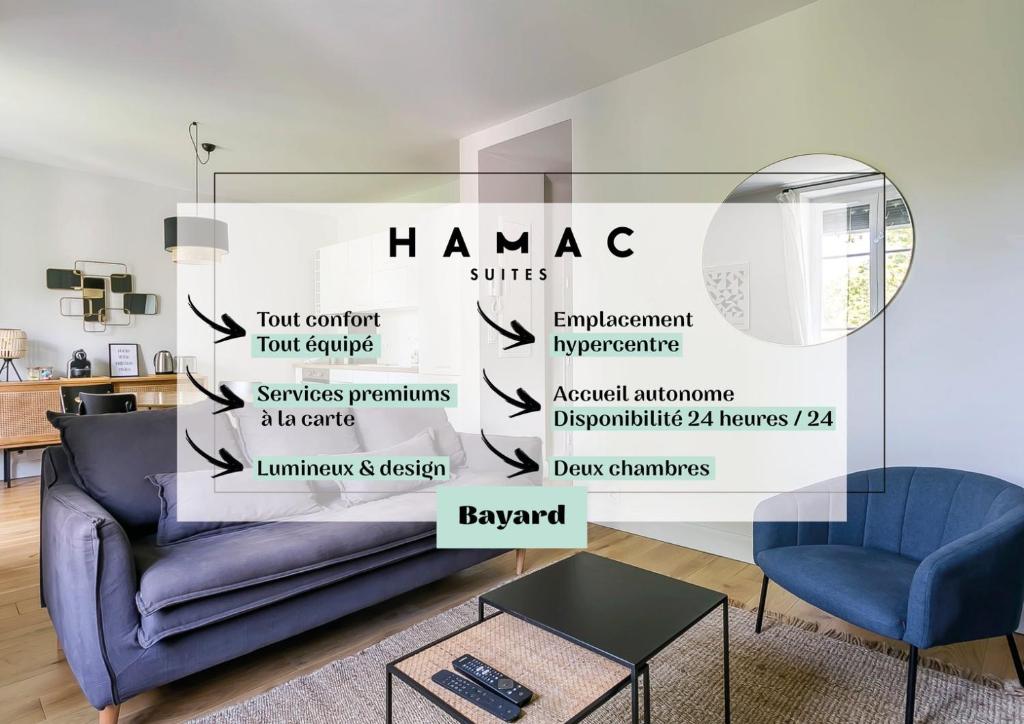 - un salon avec un canapé bleu et un mur avec un diagramme dans l'établissement Hamac Suites - Le Bayard - 2 Bedrooms - Lyon 2, à Lyon
