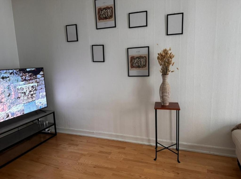een woonkamer met een televisie en een vaas op een tafel bij Agi in Oslo