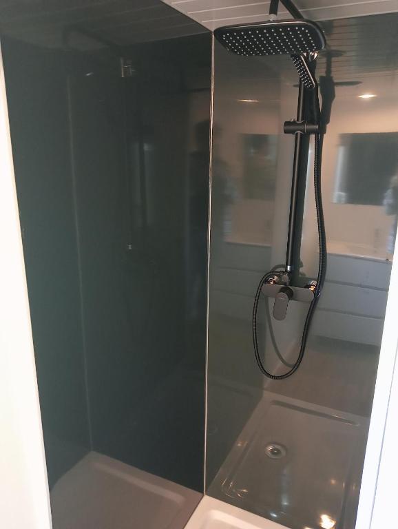 La salle de bains est pourvue d&#39;une douche avec une porte en verre. dans l&#39;établissement Camping du Lac, à Foix