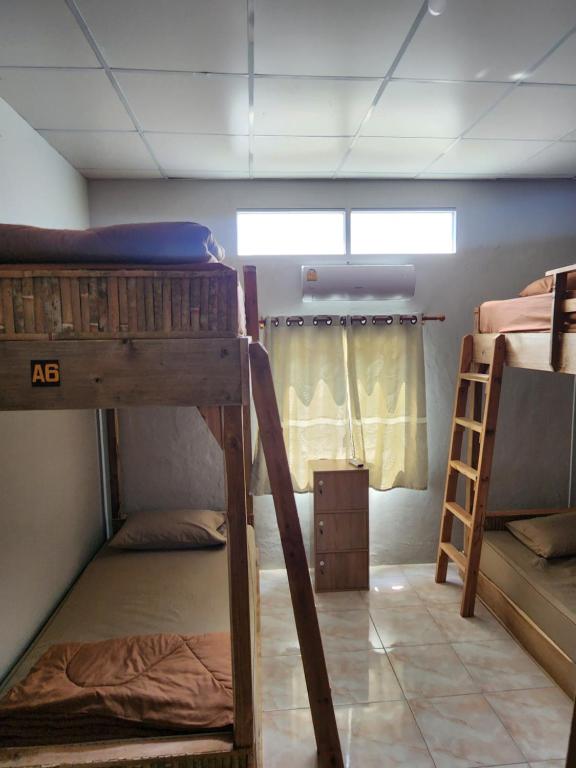 a room with two bunk beds and a window at Seven Nine Hostel - Calm place to sleep in Baan Tai