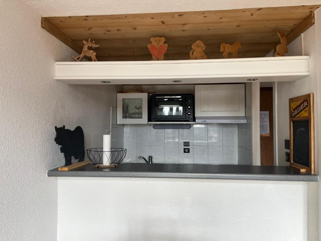 a kitchen with a counter top with a microwave at Le Génépi in Taninges