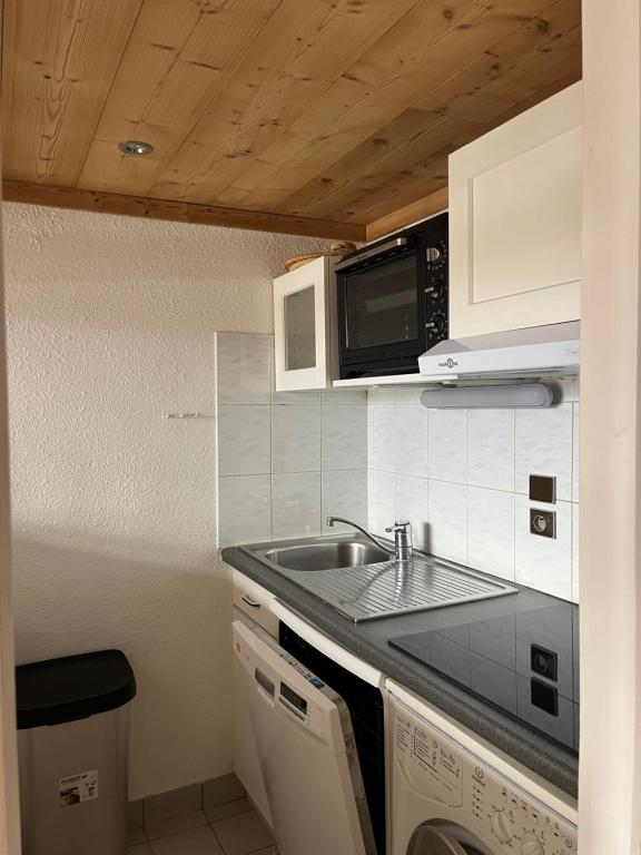 a small kitchen with a sink and a microwave at Le Génépi in Taninges