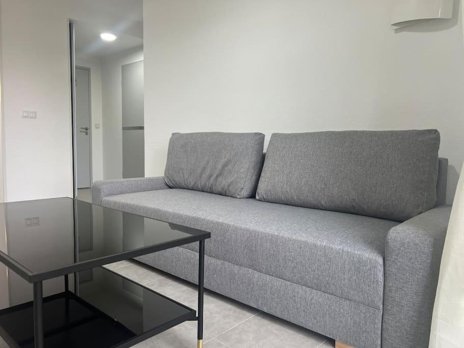 un salon avec un canapé et une table en verre dans l'établissement Le Vienna, à Juvignac