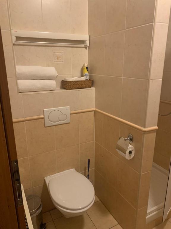 a small bathroom with a toilet and towels at Apartmány KiRi in Kyjov