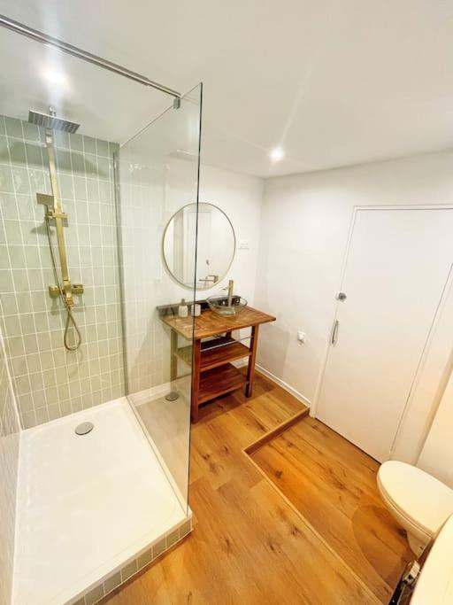 a bathroom with a shower and a toilet and a mirror at Appartement + terrasse à 5min à pied de la mer et du Vallon des auffes in Marseille