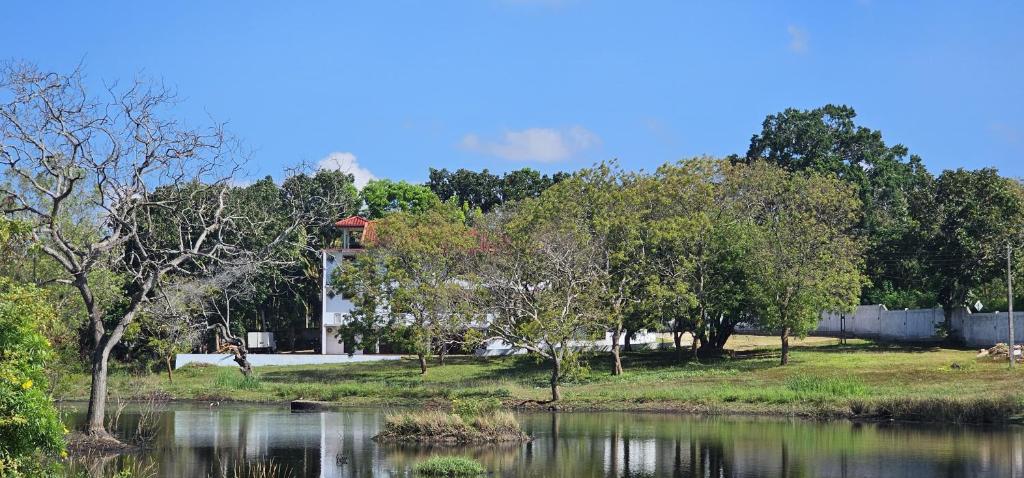een waterlichaam met bomen en een huis op de achtergrond bij Grand Villa Kalametiya in Kalametiya