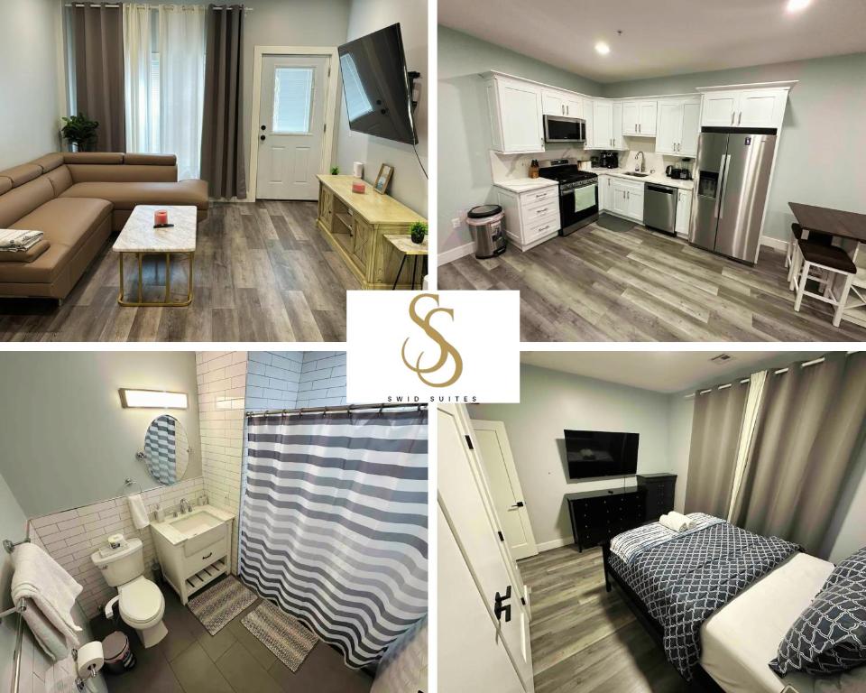 un collage di tre immagini di soggiorno e cucina di The Stylish Suite - 1BR with Free Parking a Paterson