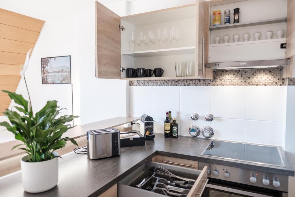Kuchyň nebo kuchyňský kout v ubytování NEU Deluxe Suite Münsterblick, Maisonette, Kingsize Bett, Küche, Netflix, Aussicht, E-Kamin