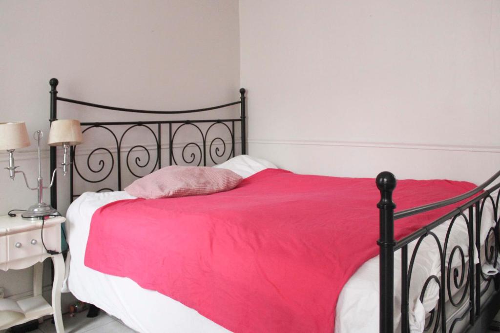 a bedroom with a black bed with a pink blanket at Apartment near the Marais in Paris