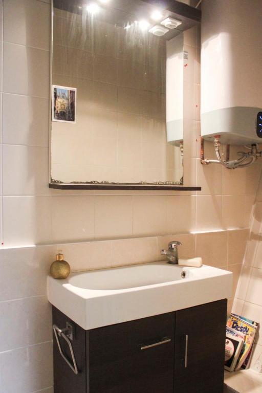 a bathroom with a sink and a mirror at Apartment near the Marais in Paris