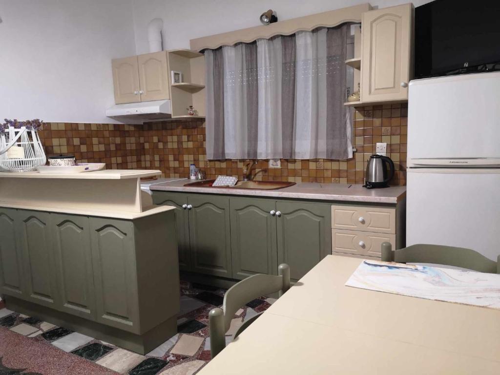 a kitchen with green cabinets and a white refrigerator at Alkisti's seaside apartments in Pythagoreio