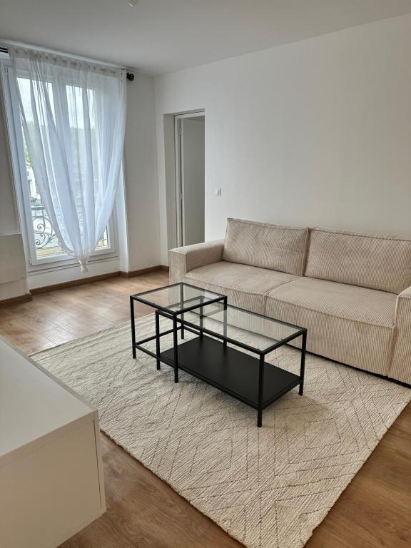 ein Wohnzimmer mit einem Sofa und einem Couchtisch in der Unterkunft Appartement F2 - Stade de France in Saint-Denis
