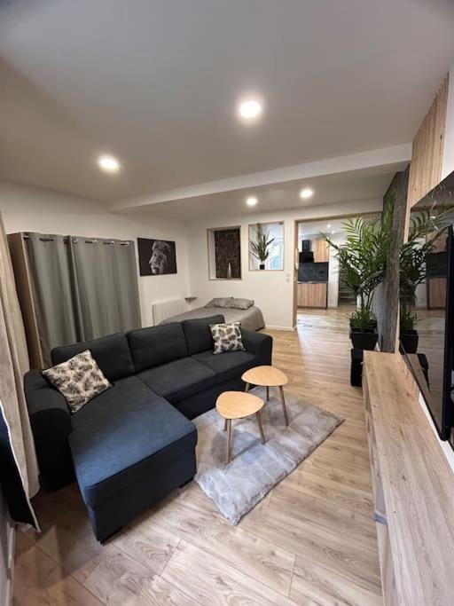 ein Wohnzimmer mit einem Sofa und einem Tisch in der Unterkunft Appartement tout confort in Harfleur