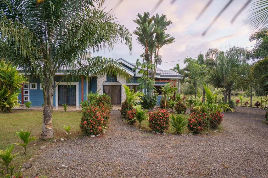 een huis met palmbomen ervoor bij Root Wellness Arenal in Esperanza