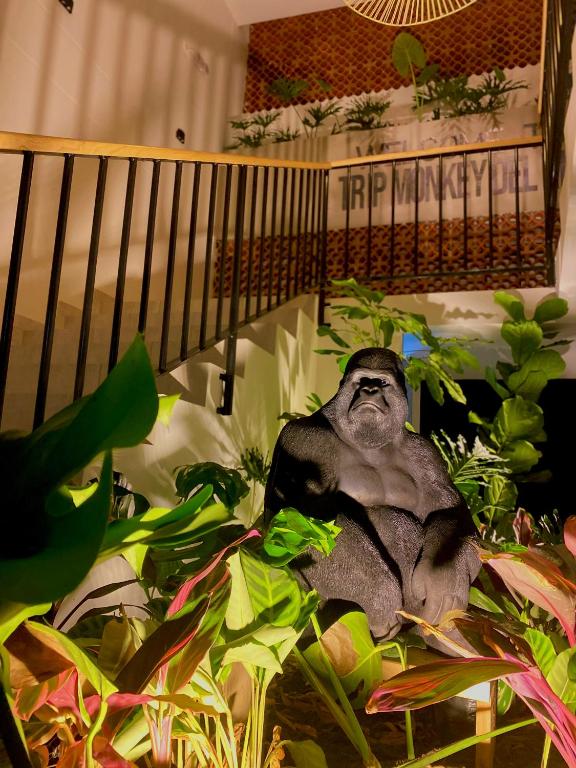 Una statua di una scimmia seduta in alcune piante. di Trip Monkey del Río a San Gil