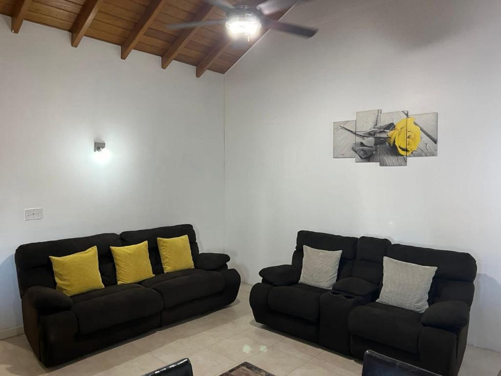 a living room with two black couches and a ceiling fan at Large Modern Space in Cedar Grove