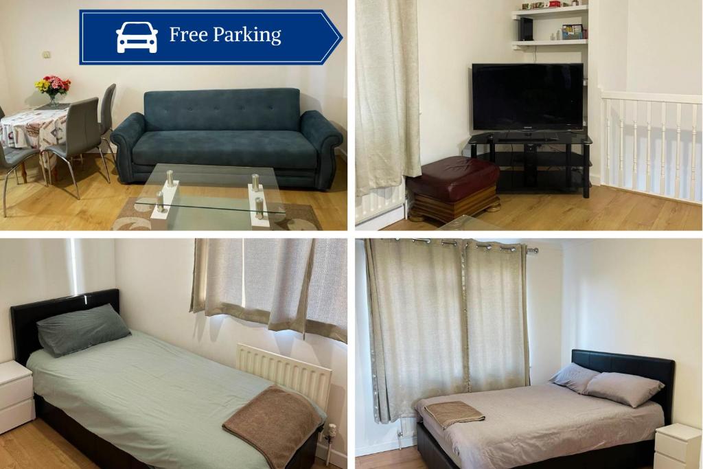 2 immagini di un soggiorno con divano e TV di Charming Escape: 2BR Home with Parking ad Aveley