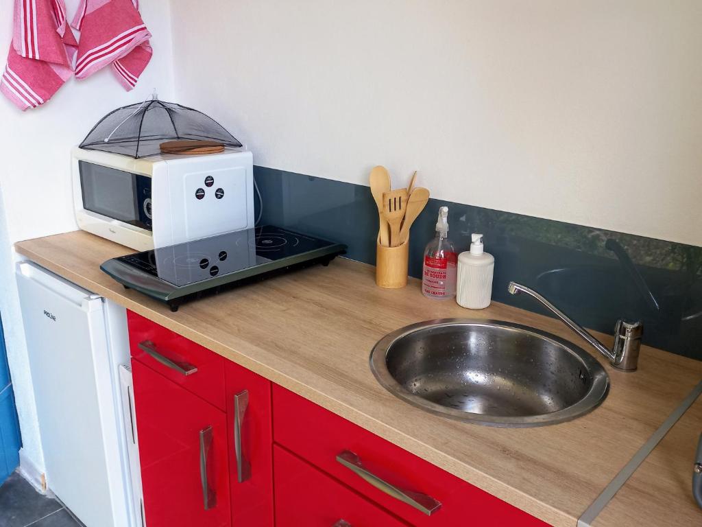 eine Küchentheke mit Mikrowelle und Spüle in der Unterkunft Tropi Kay' Location - Bungalow avec jacuzzi in Le Diamant