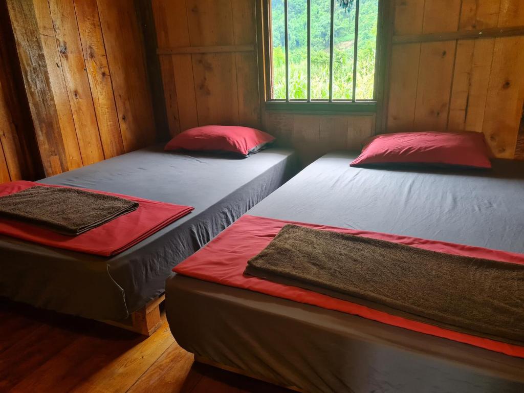 - une chambre avec 3 lits dans une cabine dans l'établissement Ba Be Retreat house, à Bak Kan