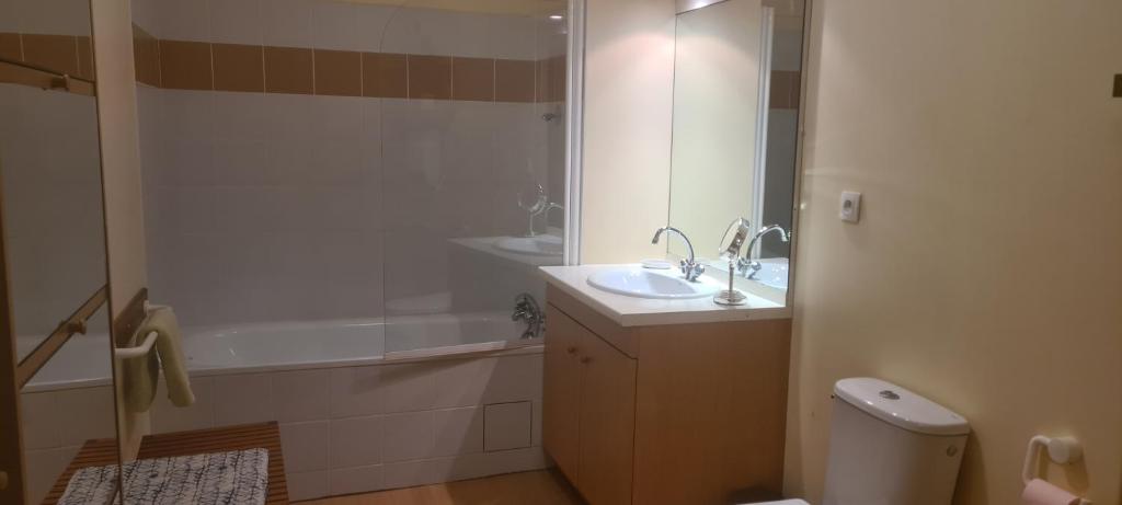 a bathroom with a sink and a tub and a toilet at Le Porteur de Glace Classé 2 étoiles in Aulus-les-Bains