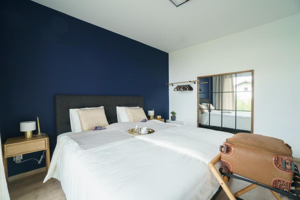 een slaapkamer met een groot bed met een blauwe muur bij Royal Park lake view apartment in Évian-les-Bains