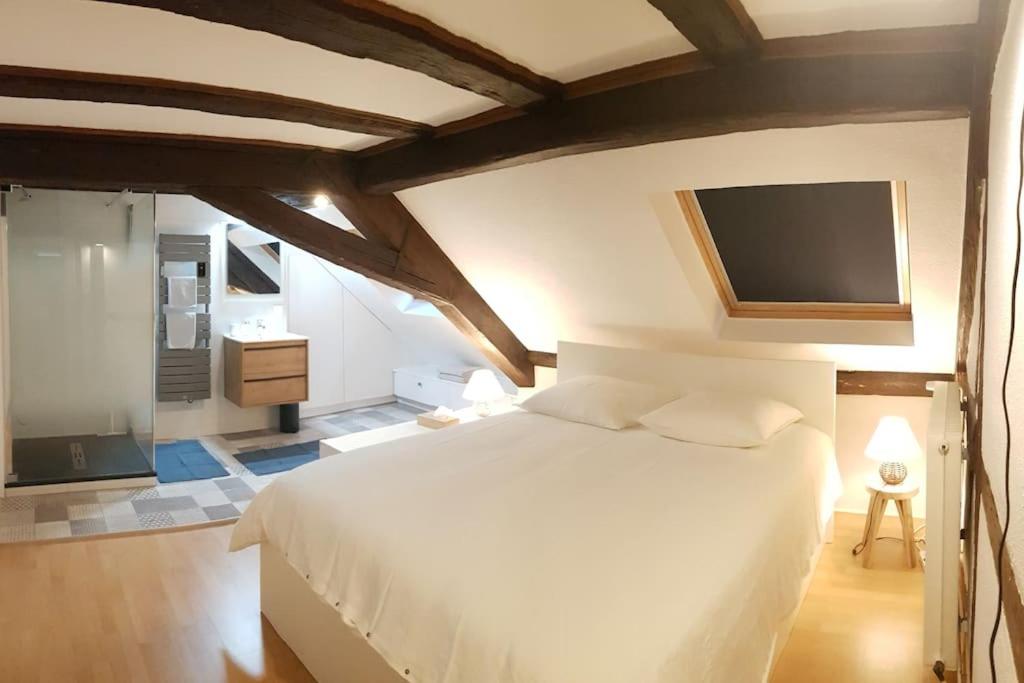une chambre avec un lit blanc et une télévision dans l'établissement Les Toits de Colmar, à Colmar