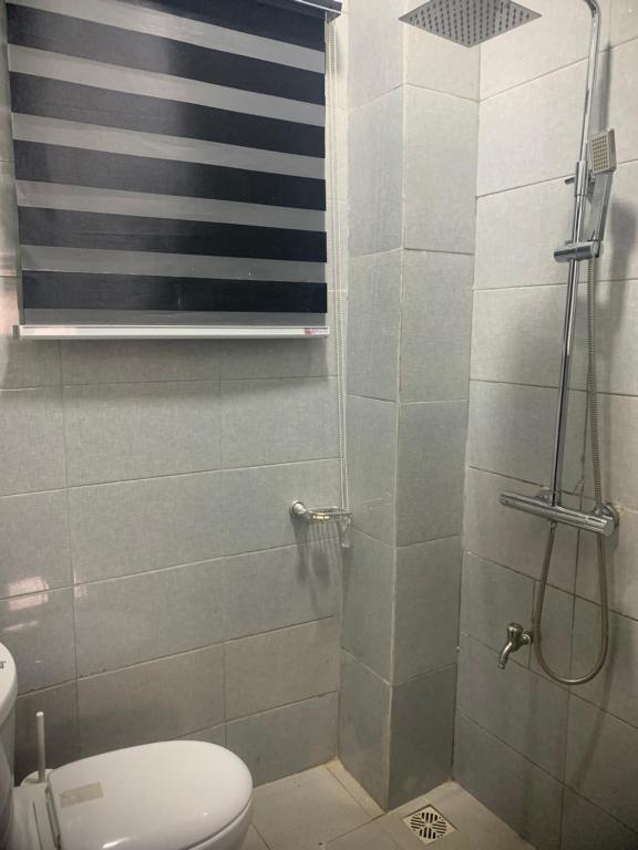 ein Badezimmer mit einem WC und einer Dusche mit amerikanischer Flagge in der Unterkunft Blueocean.cog Apartments in Benin City