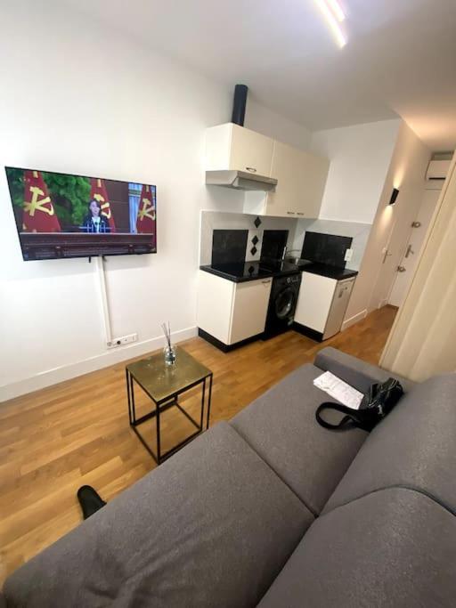 un salon avec un canapé et une télévision à écran plat dans l'établissement Appartement proche mer, à Nice