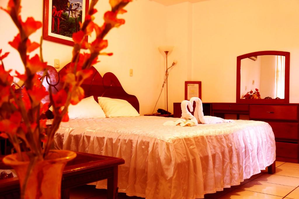 a bedroom with a bed with a dresser and a mirror at Hotel Sol del Oriente Iquitos in Iquitos
